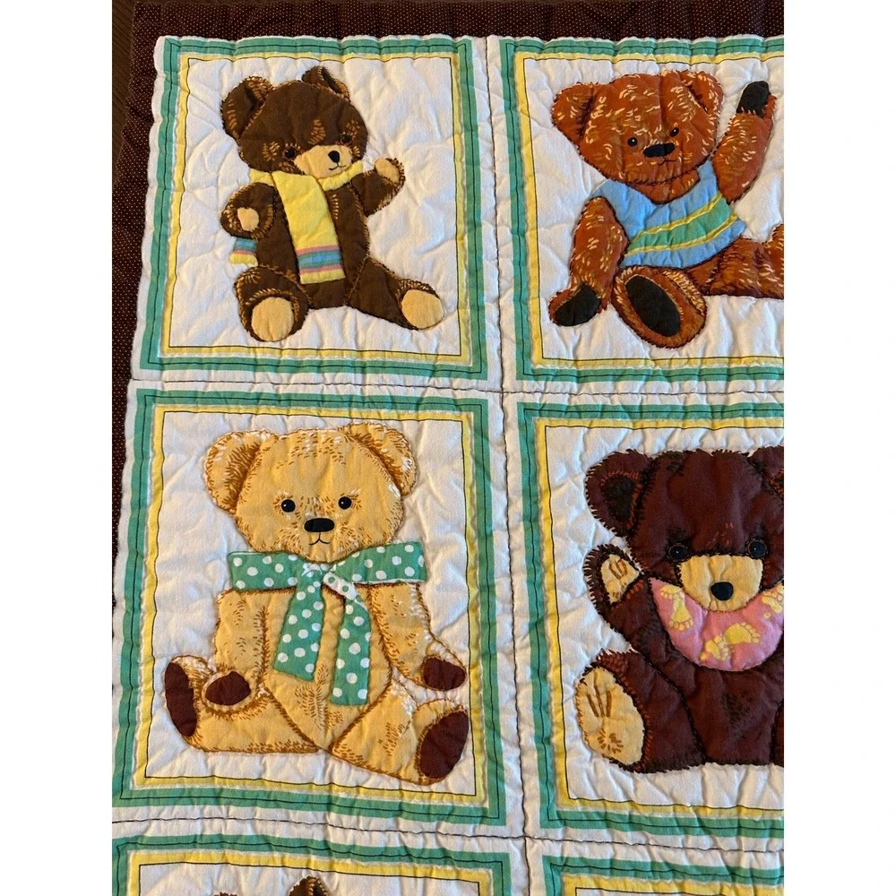 Vtg Teddy Bear Quilt Blanket Throw 35'' x 39''‎ Wall Hanging Nursery EUC